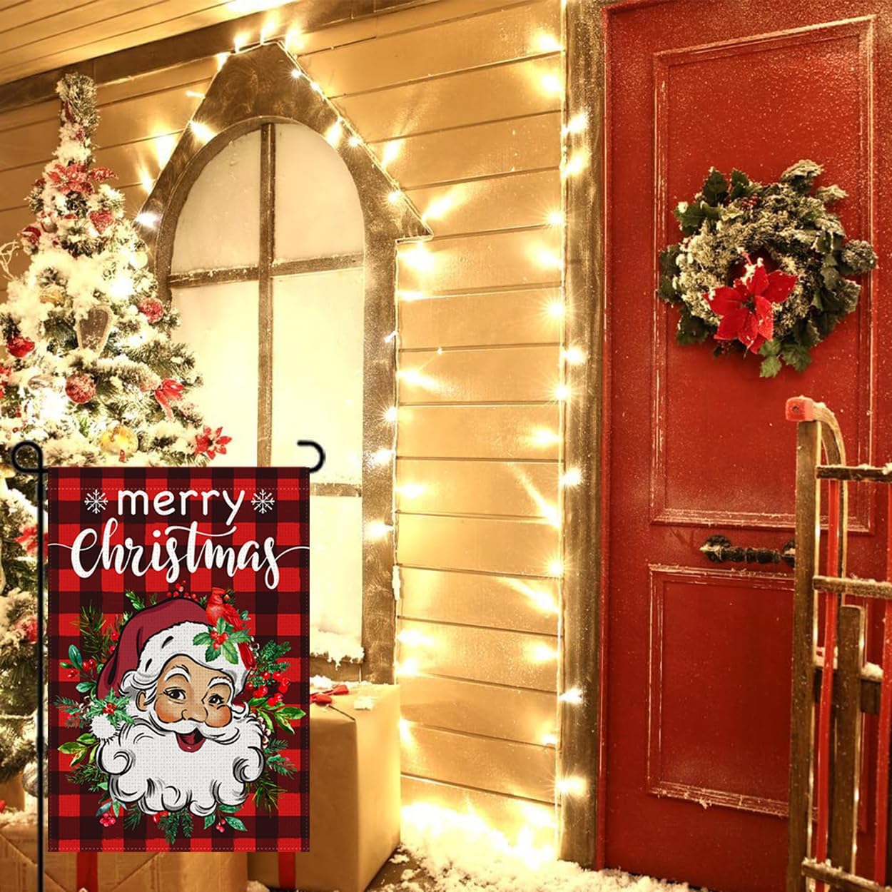 Doncida Merry Christmas Garden Flag 12x18 Inch Double Sided Burlap Santa Claus Red Buffalo Plaid Wreath Small Holiday Winter Xmas Yard Flag for Outside Decoration - Image 4
