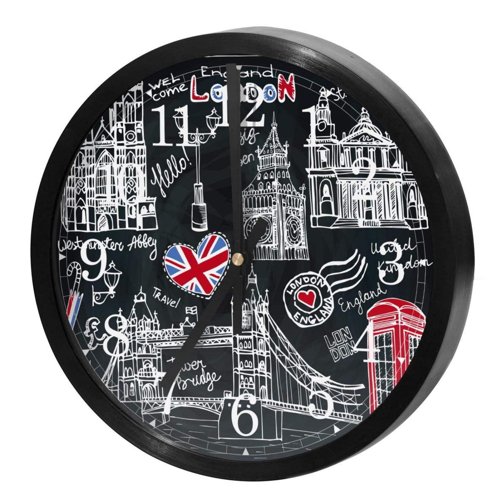 Horloge murale à piles silencieuse ronde noire au motif Angleterre pour l'école