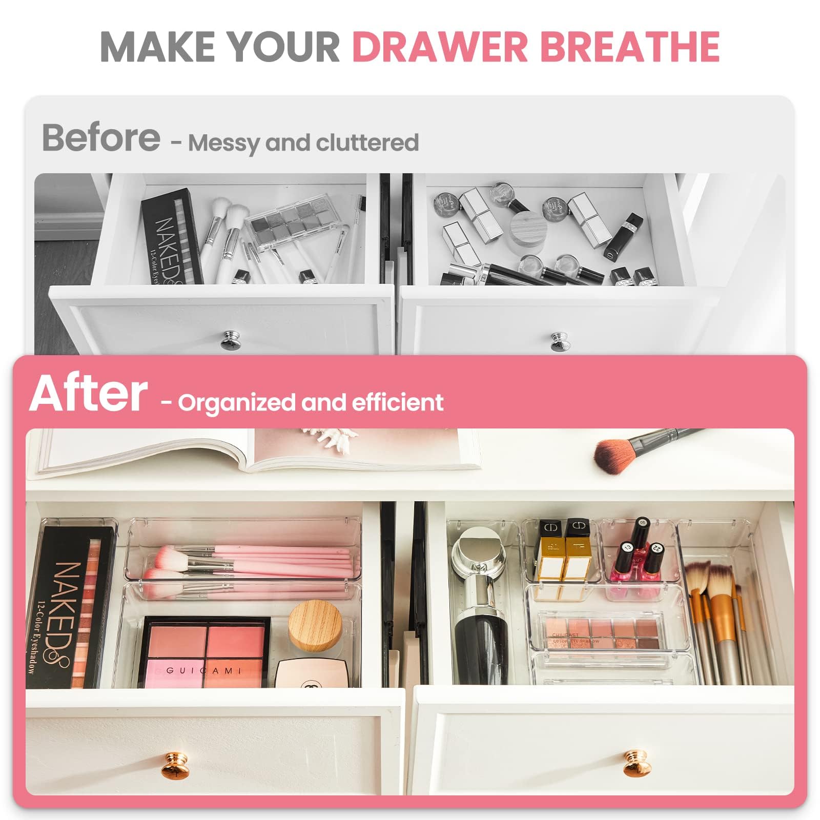 HOUSE DAY Clear Drawer Organizer Trays with Non-Slip Silicone Pads