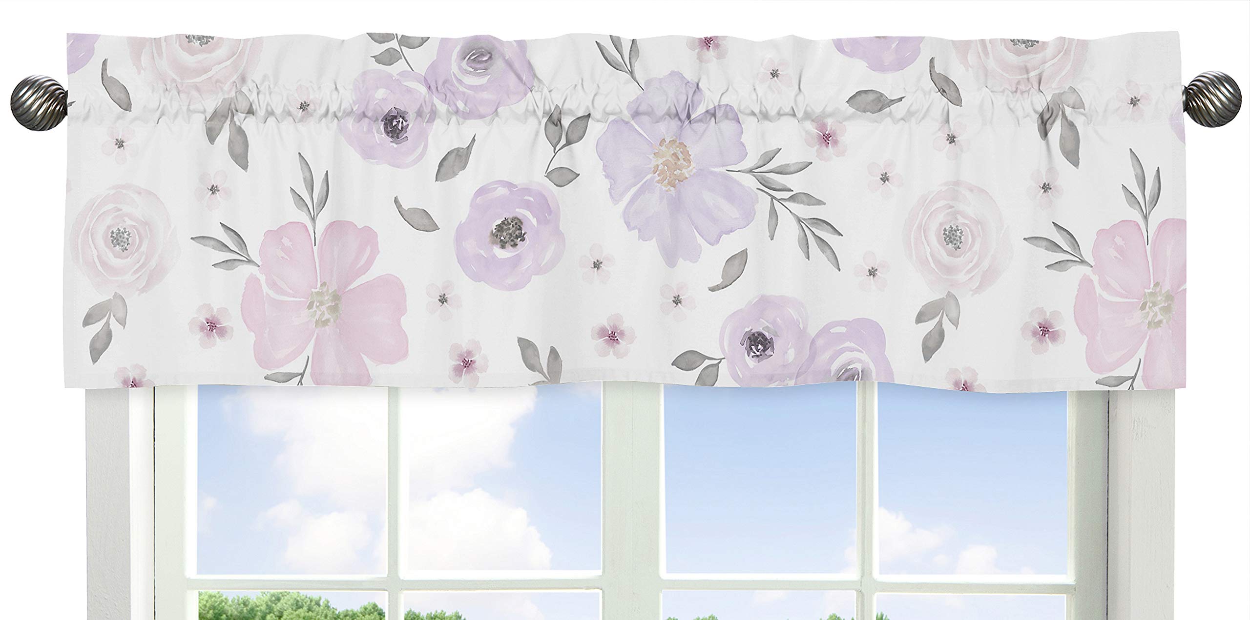 Sweet Jojo Designs Lavender Purple, Pink, Grey and White Window Treatment Valance for Watercolor Floral Collection - Rose Flower