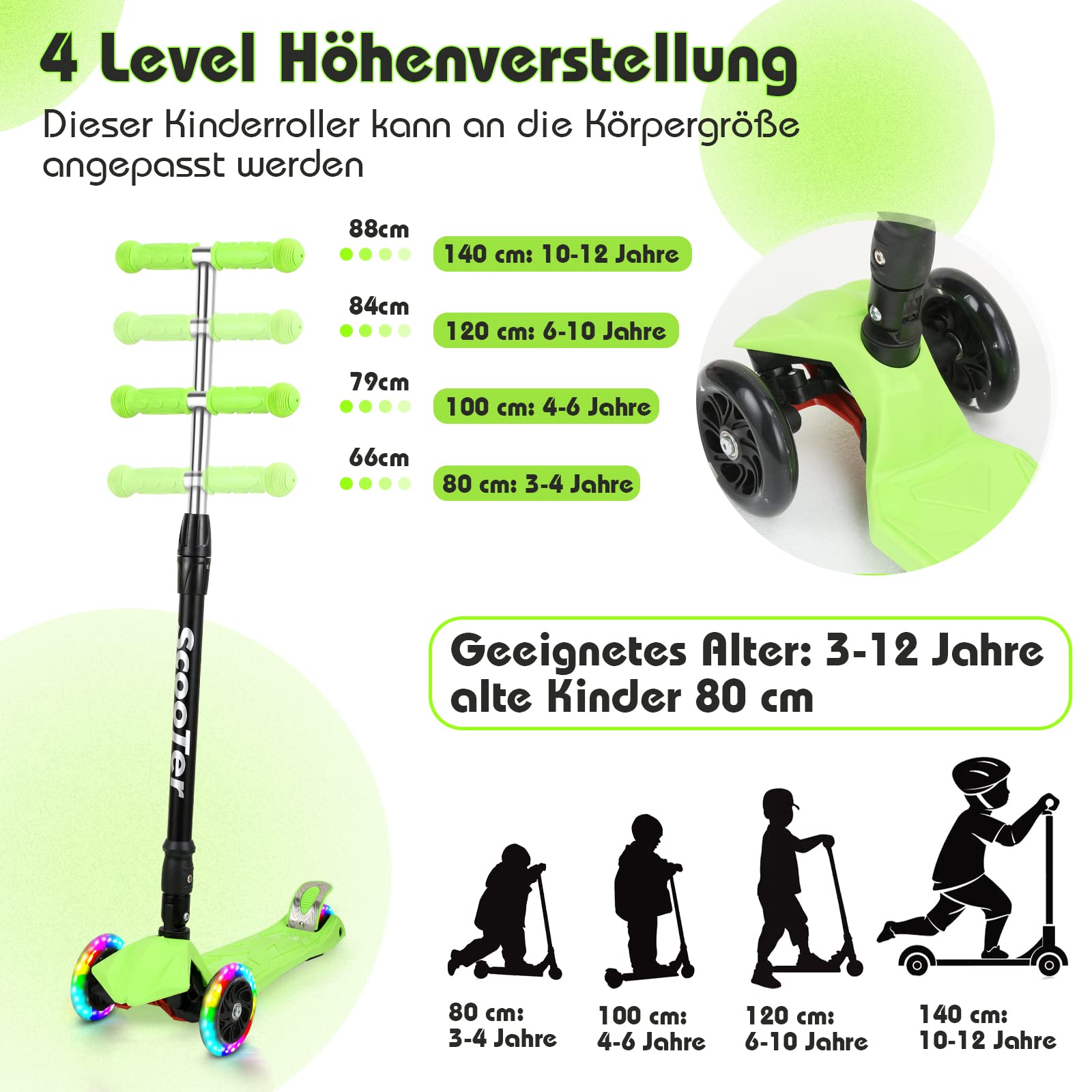 Hulajnoga dziecięca z 3 diodami LED, dla dzieci w wieku od 3 do 14 lat, składana, z 4 regulacją wysokości, antypoślizgowa, dla dzieci w wieku od 3 do 14 lat, do 50 kg, zielona