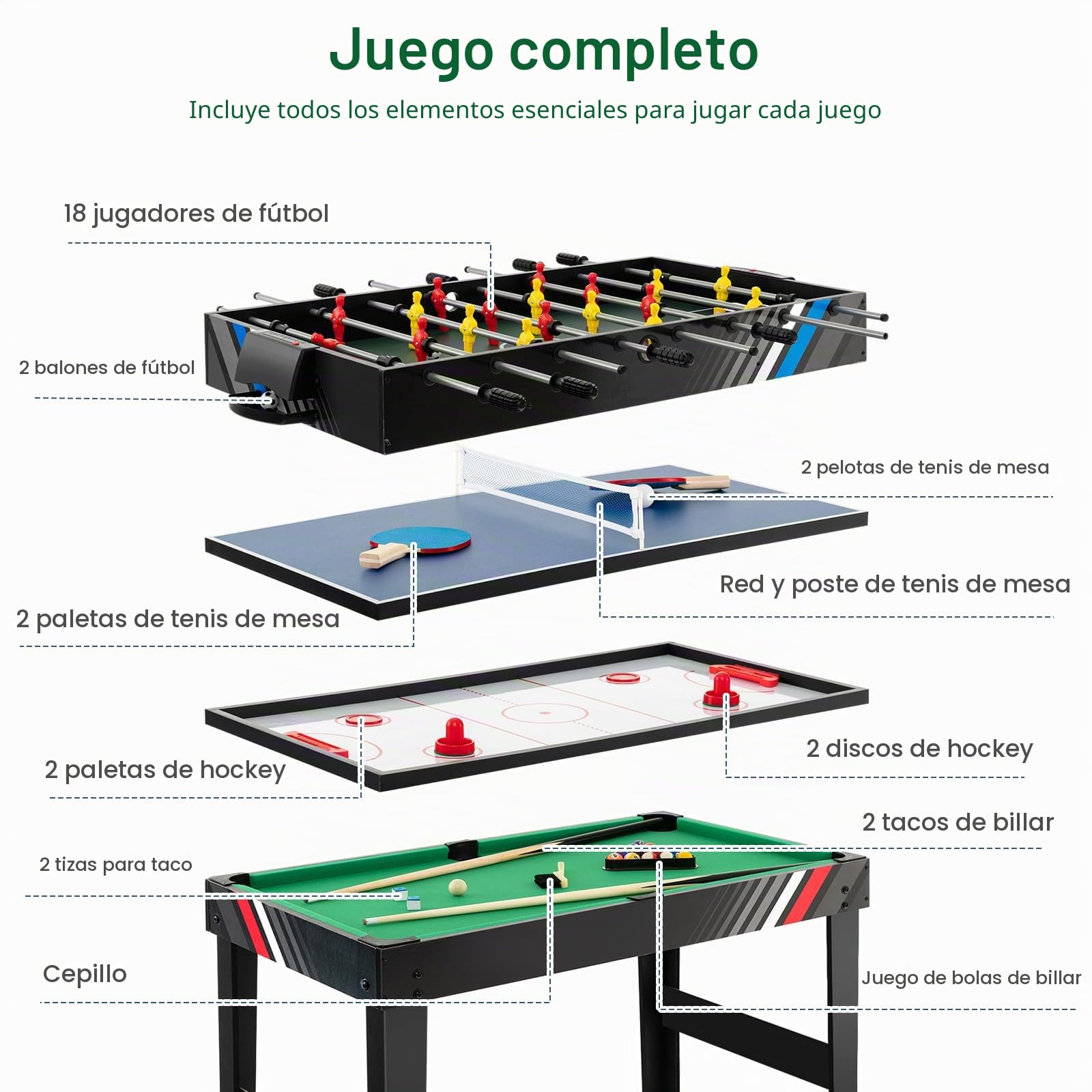 HOMASIS 4 en 1 Mesa Multijuego con Futbolín, Billar, Air Hockey y Ping Pong, Mesa de Juegos de Madera para Niños y Adultos, 125 x 97 x 83 cm, para Fiesta, Bar, Oficina