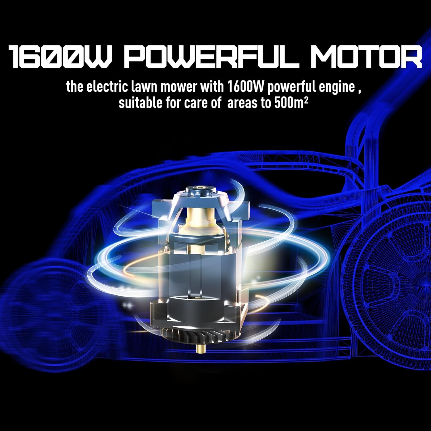 Diagram showing the internal 1600W motor of the MOWOX POWER Electric Lawn Mower.