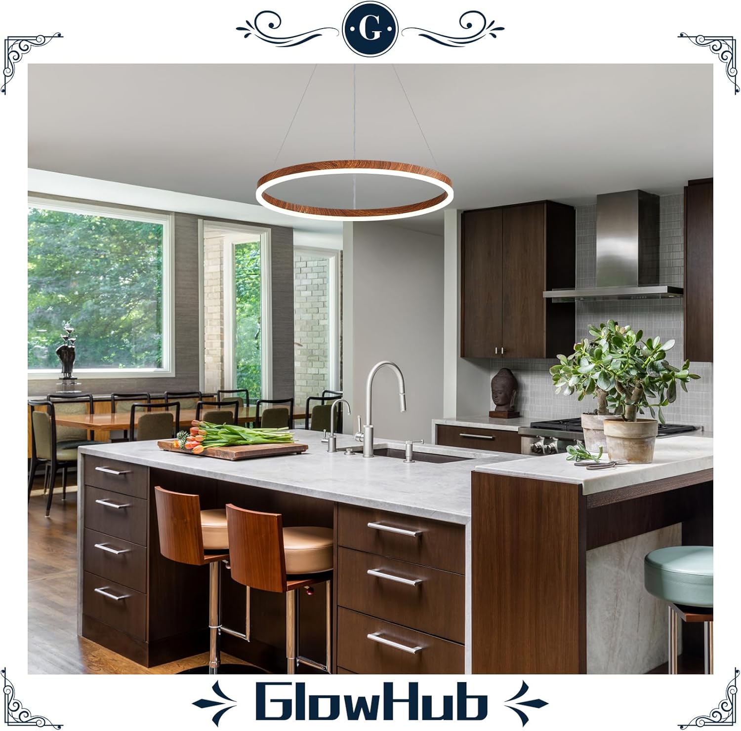 Modern LED Chandelier, 1-Ring LED Pendant Light Fixture with Remote Control, Farmhouse Wood Painted Round Chandelier for Dining Room, 20 Inches Circle Hanging Light for Foyer Kitchen