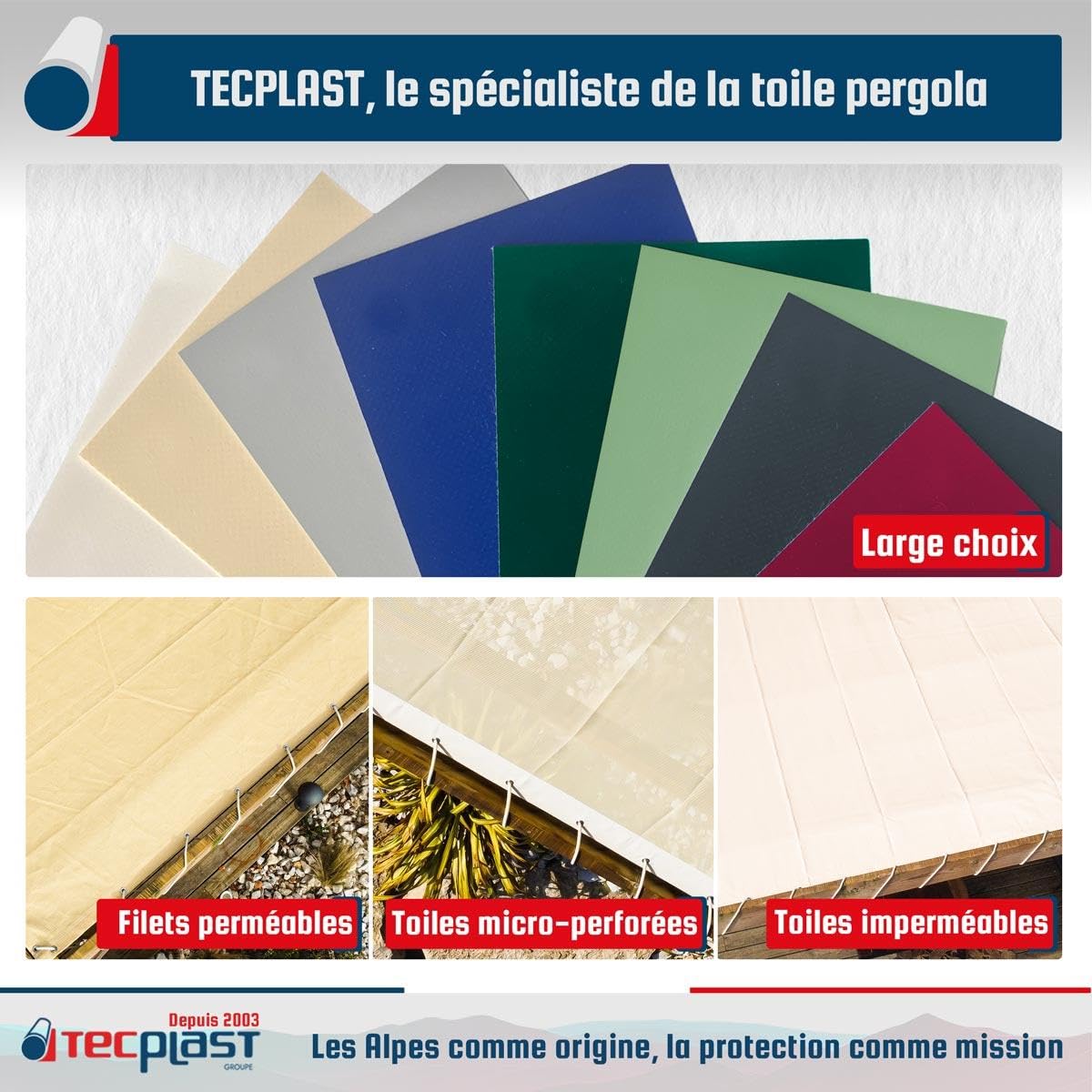 TECPLAST Toile Pergola Blanc Crème 3x4 m LP640PR - Garantie 8 Ans - Bâche Pergola ou Tonnelle étanche en PVC pour terrasse