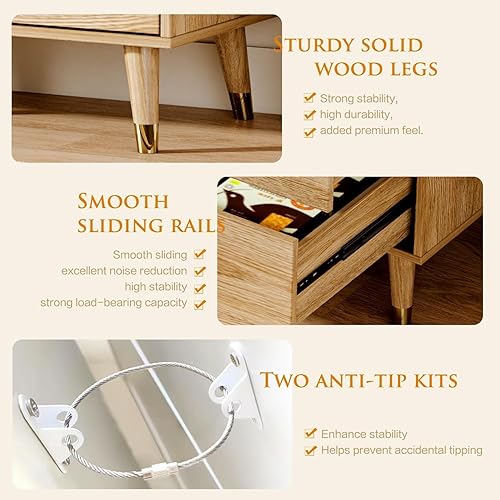 Miniatura 4 de Cómoda de 9 Cajones, 63" de Ancho Cómoda Moderna de Mediados de Siglo, Cómoda de Cajones de Dormitorio de Madera con 9 Cajones de Almacenamiento