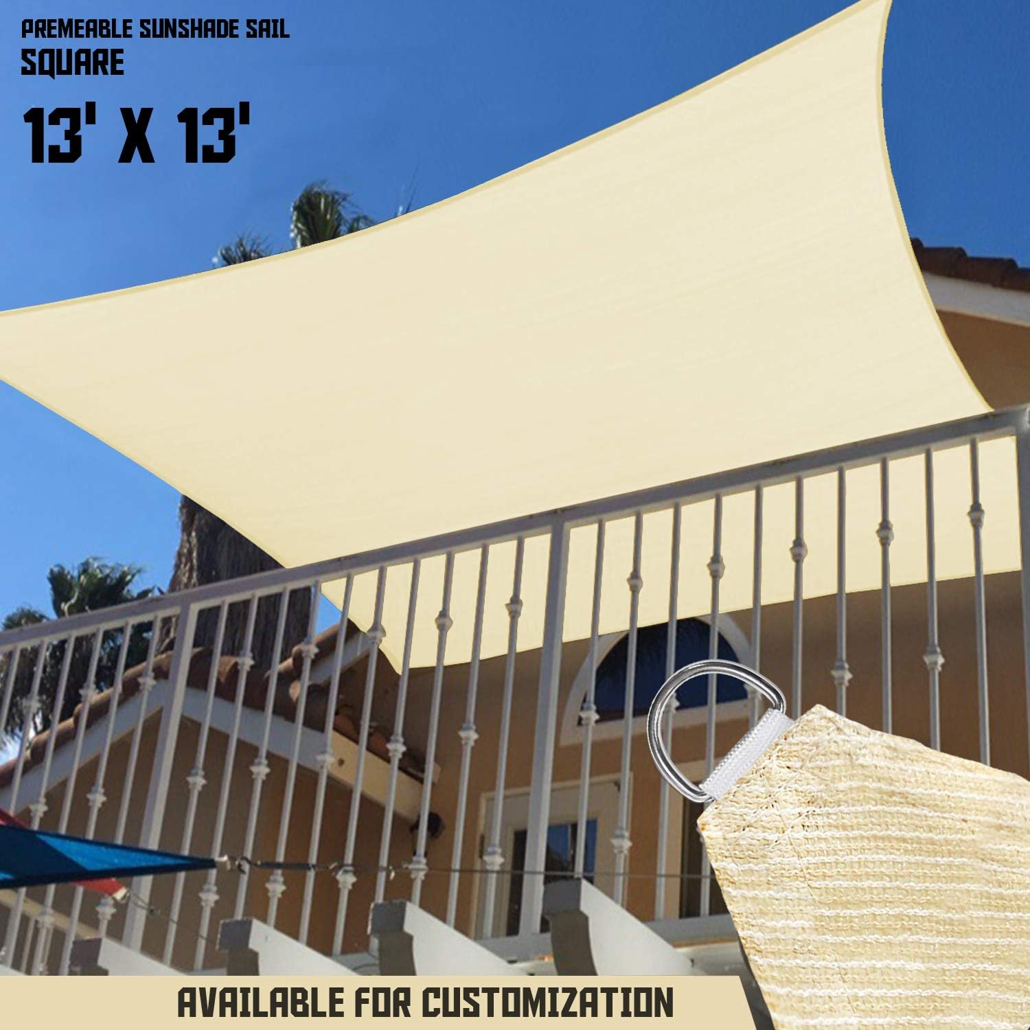 TANG Sunshades Depot 13'x13' Sun Shade Sail Square Permeable Canopy Tan Beige Customize for Patio Garden Preschool Kindergarten Playground Outdoor Facility Activities