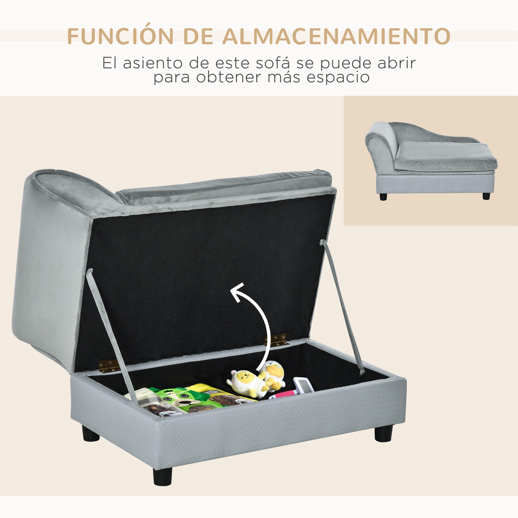PawHut Sofá para Perros Pequeños Sofá para Gatos Tapizado en Terciopelo con Almacenaje Oculto y Cojín Lavable Carga 10 kg 76x45x43 cm Gris Claro