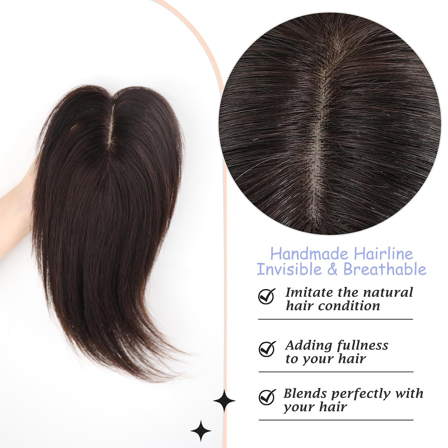 forfeels 100% Human Hair Topper for Women Thinning Hair No Bangs, 7x11cm Breathable Hand-Tied Base Hairpieces for Crown Volume, 9.8 Inch Straight Clip in Top Wiglet to Cover Gray, Dark Brown