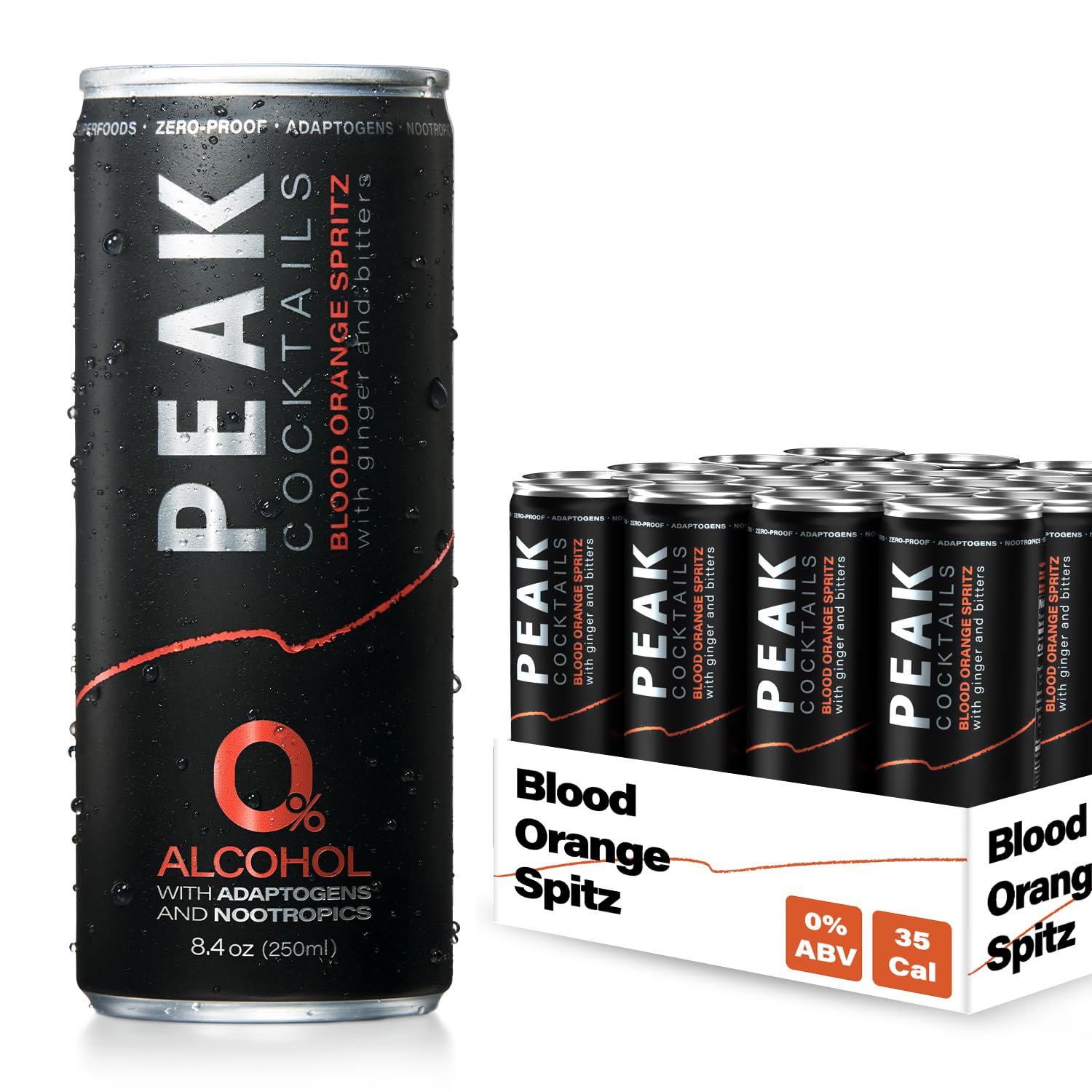 Peak Cocktails Non-Alcoholic Cocktail | Adaptogens, Nootropics, Superfoods for Recovery, Calm, Sleep | Ashwagandha, Tart Cherry, L-Theanine | Mixologist-crafted | Blood Orange Spritz | 8.4 oz, 24-Pack