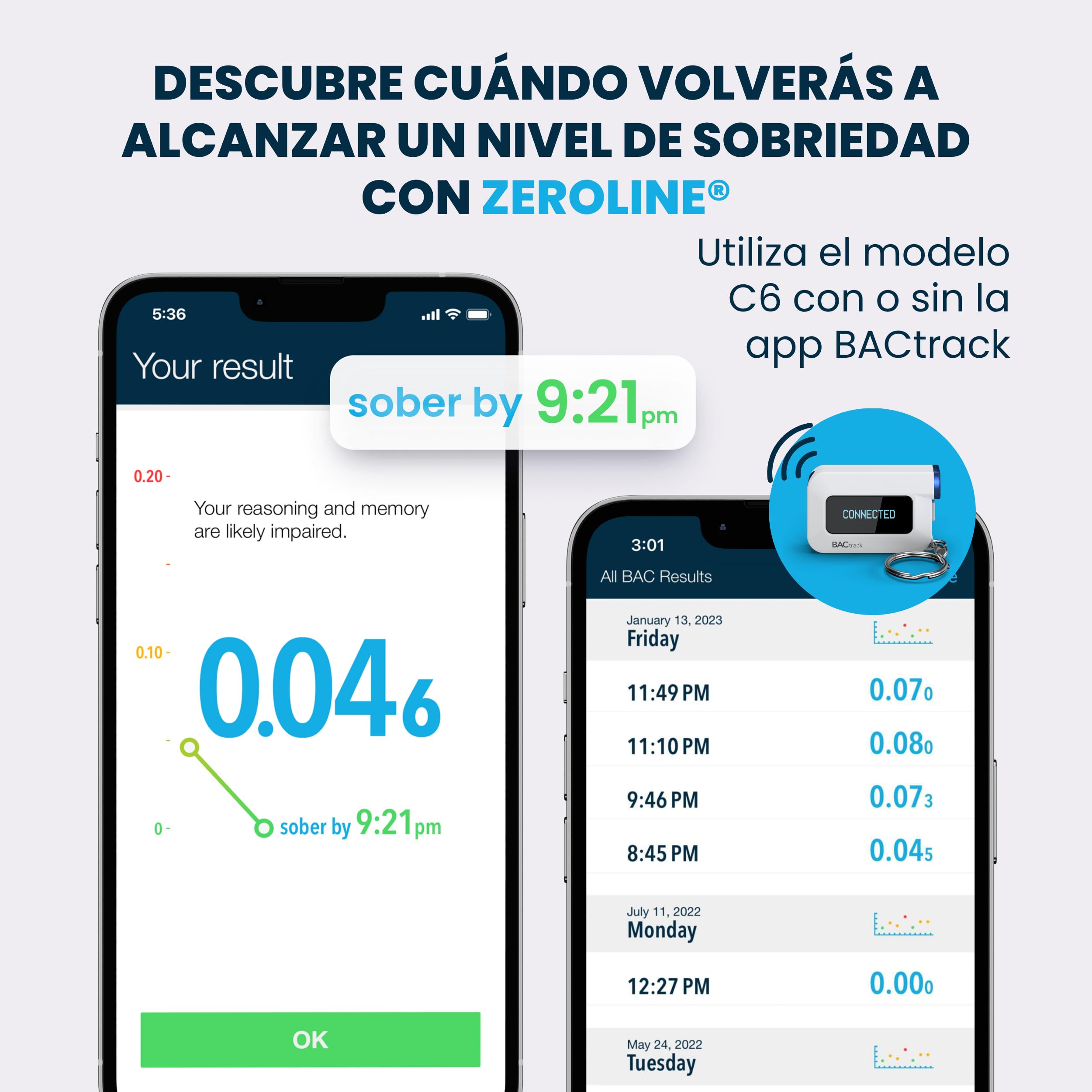 Alcoholímetro de Llavero BACtrack C6 | Precisión Profesional | Conectividad Inalámbrica con Smartphones | Compatible con iPhone, Android (Google, Samsung) | Integración con Apple HealthKit