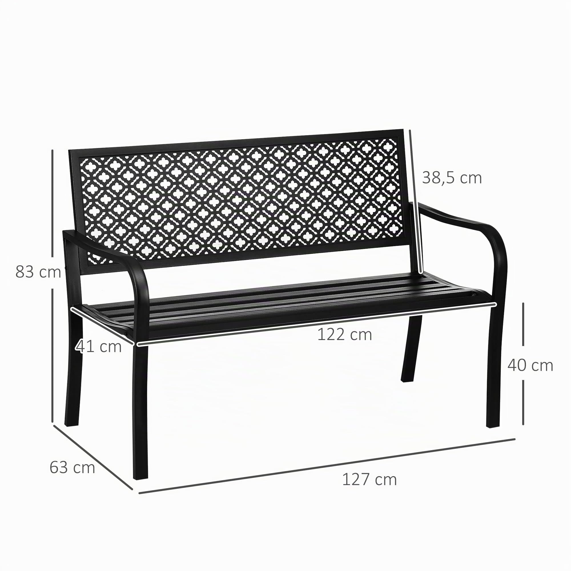 Outsunny Banco de Jardín de Acero Banco Exterior 127x63x83 cm Negro | 2 Plazas, Respaldo Decorativo Estampado, Terraza Balcón Patio, Carga 240 kg