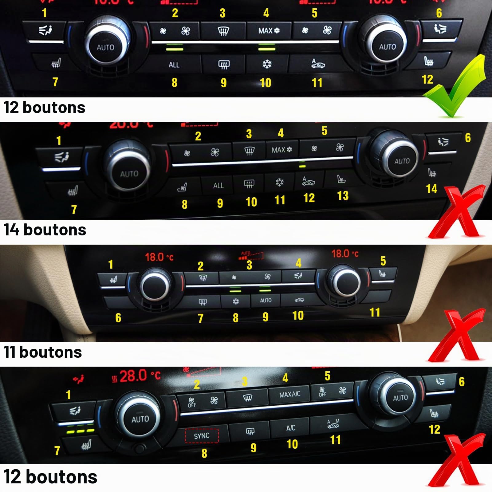 TTCR-II 12PCS Compatibles avec BMW Bouton Commutation Chauffage Série 5/6/7 F01 F02 F03 F04 F06 F07 F10 F11 F12 F13, 61319313923 Couvercle Bouton Commutation A/C Climatisation Console Centrale