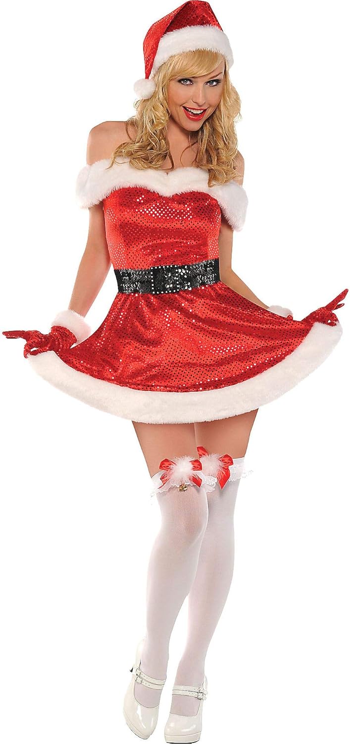 Mrs. Claus Dress Costume - Adult Plus Size, 1 Pc, Red, White, Green, Gold