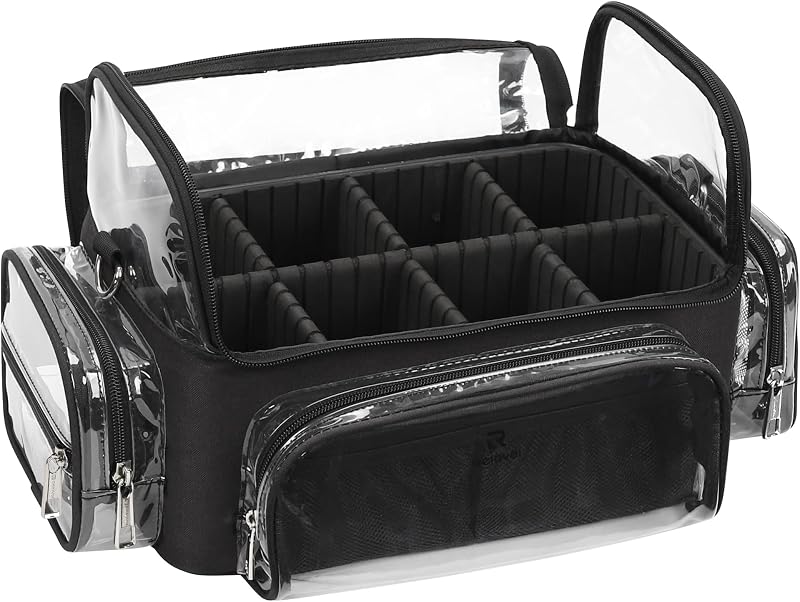 Necessaire organizadora transparente TANTO para pincéis de maquiagem, com divisórias ajustáveis e alça removível