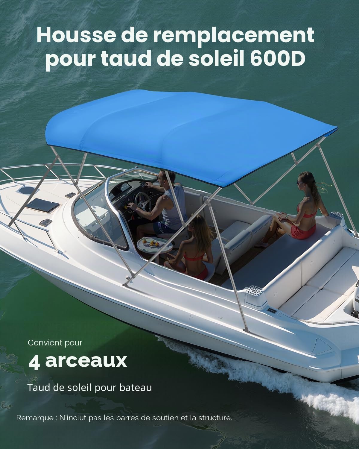VEVOR Bimini pour Bateau à 4 arceaux, 243 cm, taud de Soleil imperméable avec Toile en Polyester 600D, Pare-Soleil, Sac de Rangement, Compatible avec Les Bateaux de Large 213-244 cm, Bleu Pacifique