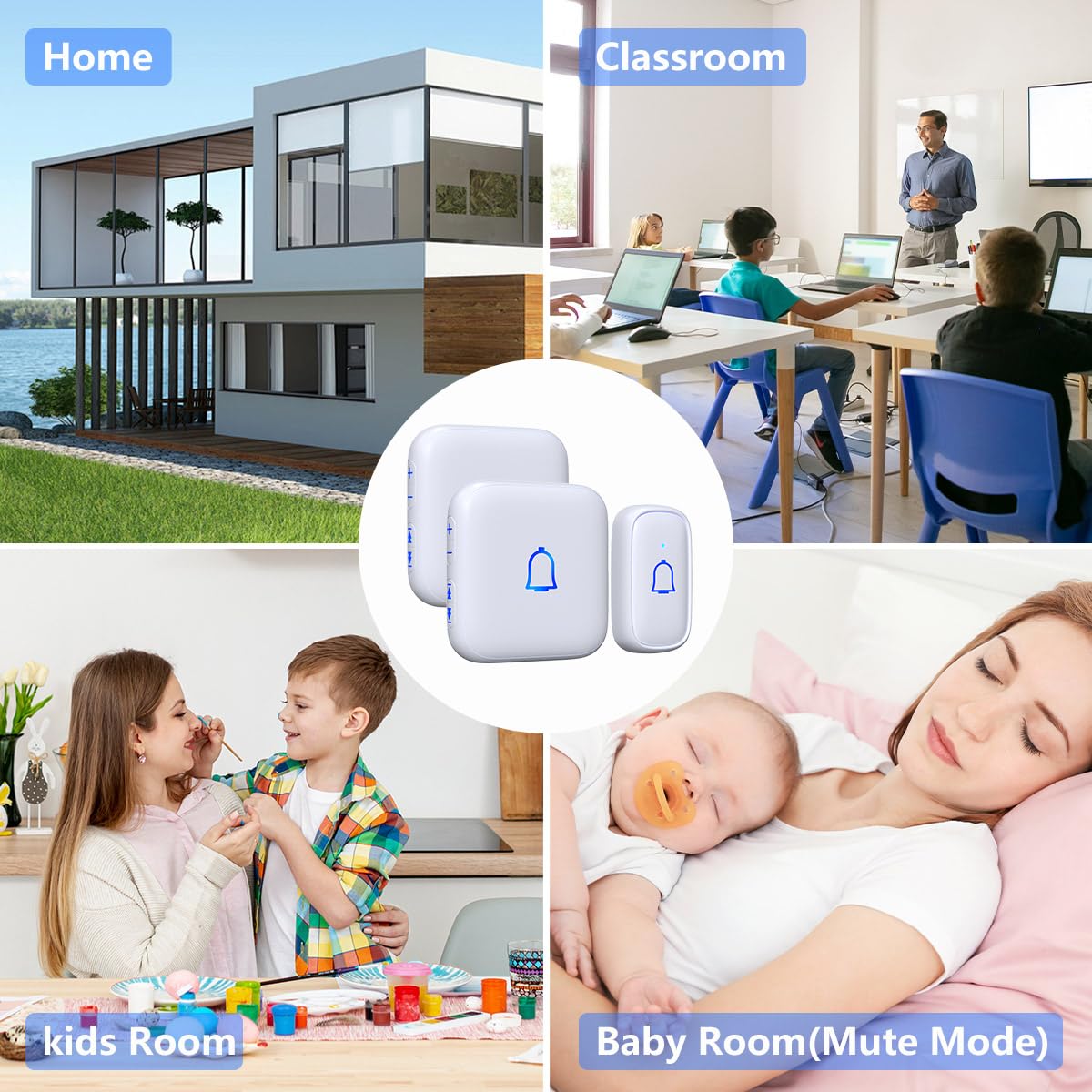 Timbre inalámbrico IP66 impermeable de 1000 pies con 56 campanillas de 115 dB, 7 niveles de volumen, modo de silencio con flash LED, timbre inalámbrico para habitación de niños, maestros, aula,