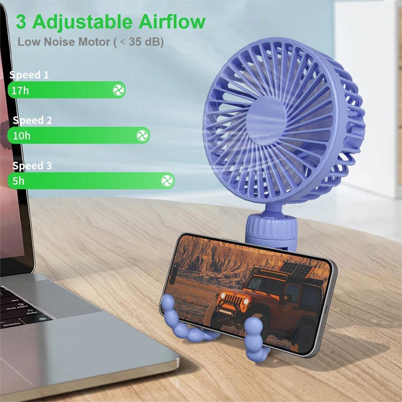 Ventilatore Portatile per Passeggino, Batteria Ricaricabile USB Piccolo Ventilatore a Clip per Bambini, Ventola a 3 Velocità Girevole Flessibile per Auto, Campeggio, bici - Blu