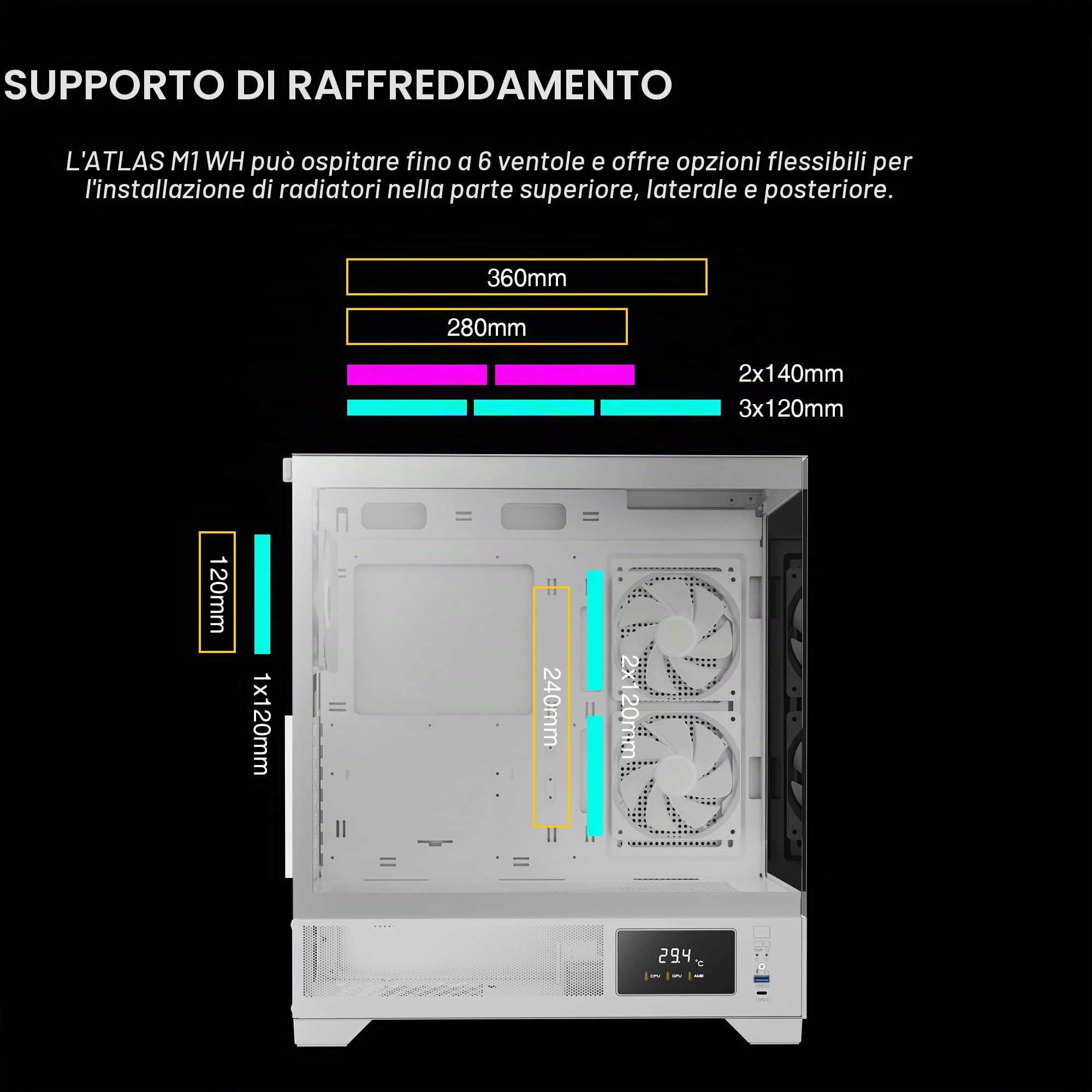 GAMDIAS ATLAS M1 WH Gaming ATX Mid Tower Computer PC Case, Monitor personalizzato w/software, 3 x 120 mm ARGB PWM Ventole (2 Aspirazione), Display panoramico in vetro temperato, camera di