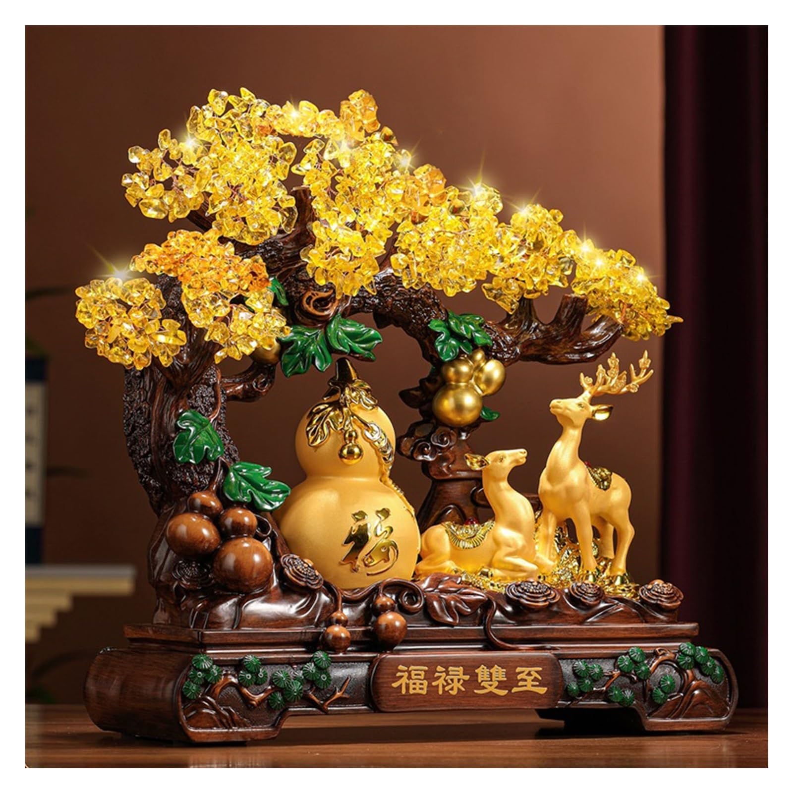 Home Decor Lucky Calabash Citrine Crystal Tree - Prosperity Gourd and Deer Figurines for Wealth Attraction, Feng Shui Decorative Piece for Home or Office Bonsai(Yellow,Medium)