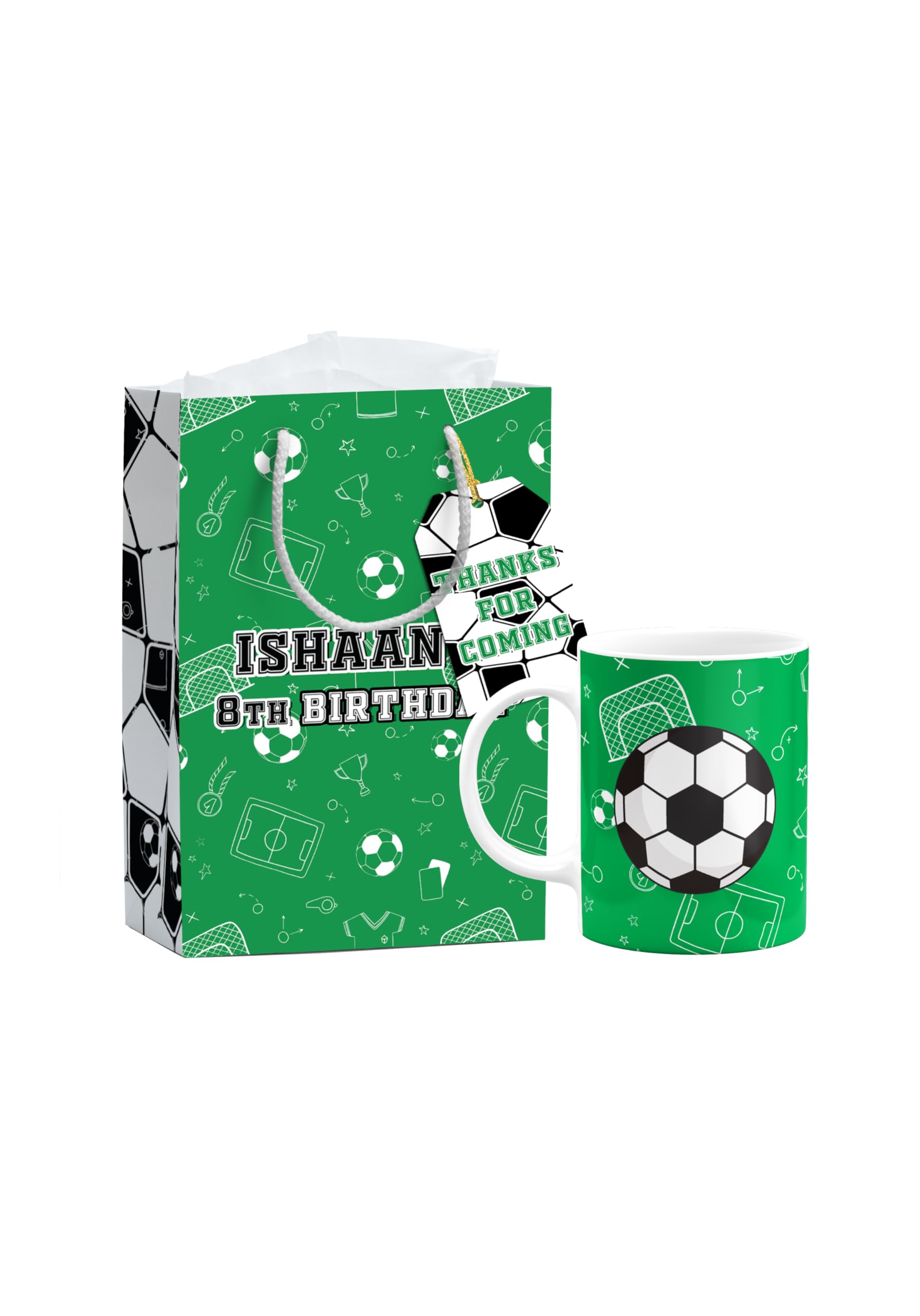 3 in 1 Football Green Carpet Theme Gift Set for Kids Return Gifts Ideas | Paper Bag, Bone China Mug, Tag | Can be Customized with Message- Soccer Theme-image-15