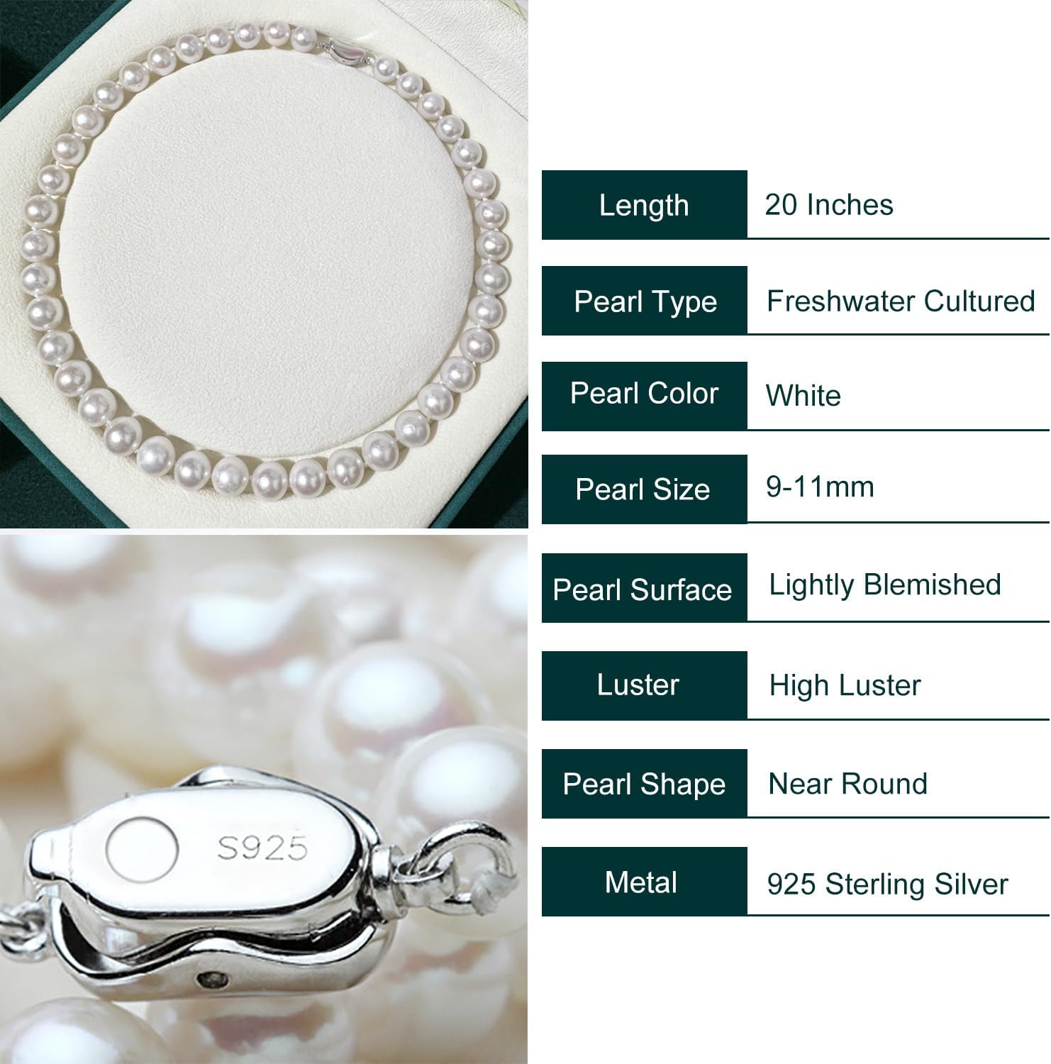 9-11mm Freshwater Pearl Necklace for Women, Real Natural Pearl Strand Necklace with 925 Sterling Silver Clasp, Jewelry Gift for Wedding Anniversary Birthday