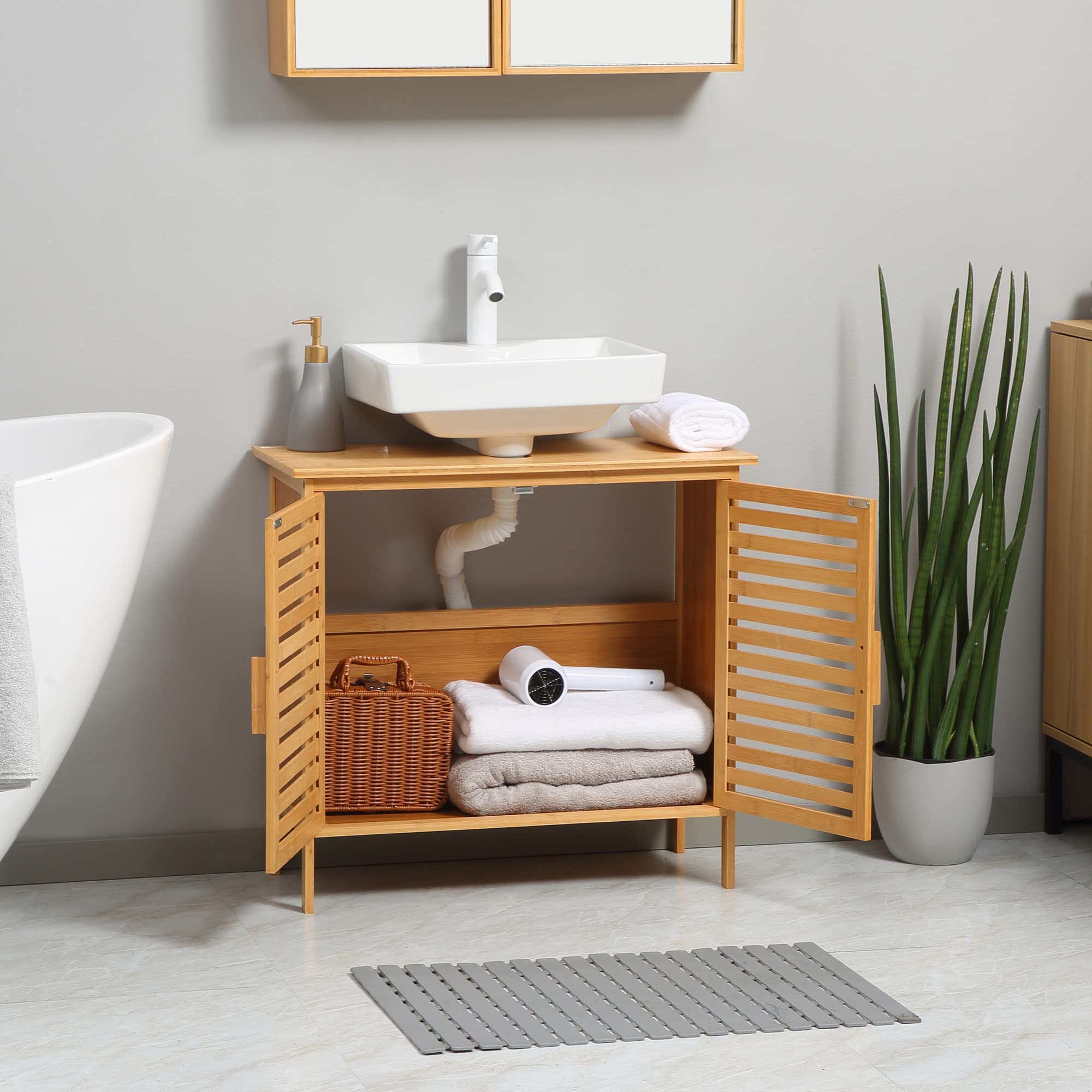 kleankin Mobile sottolavabo, Mobile da bagno in bambù, Naturale | Autoportante, 2 porte a doghe