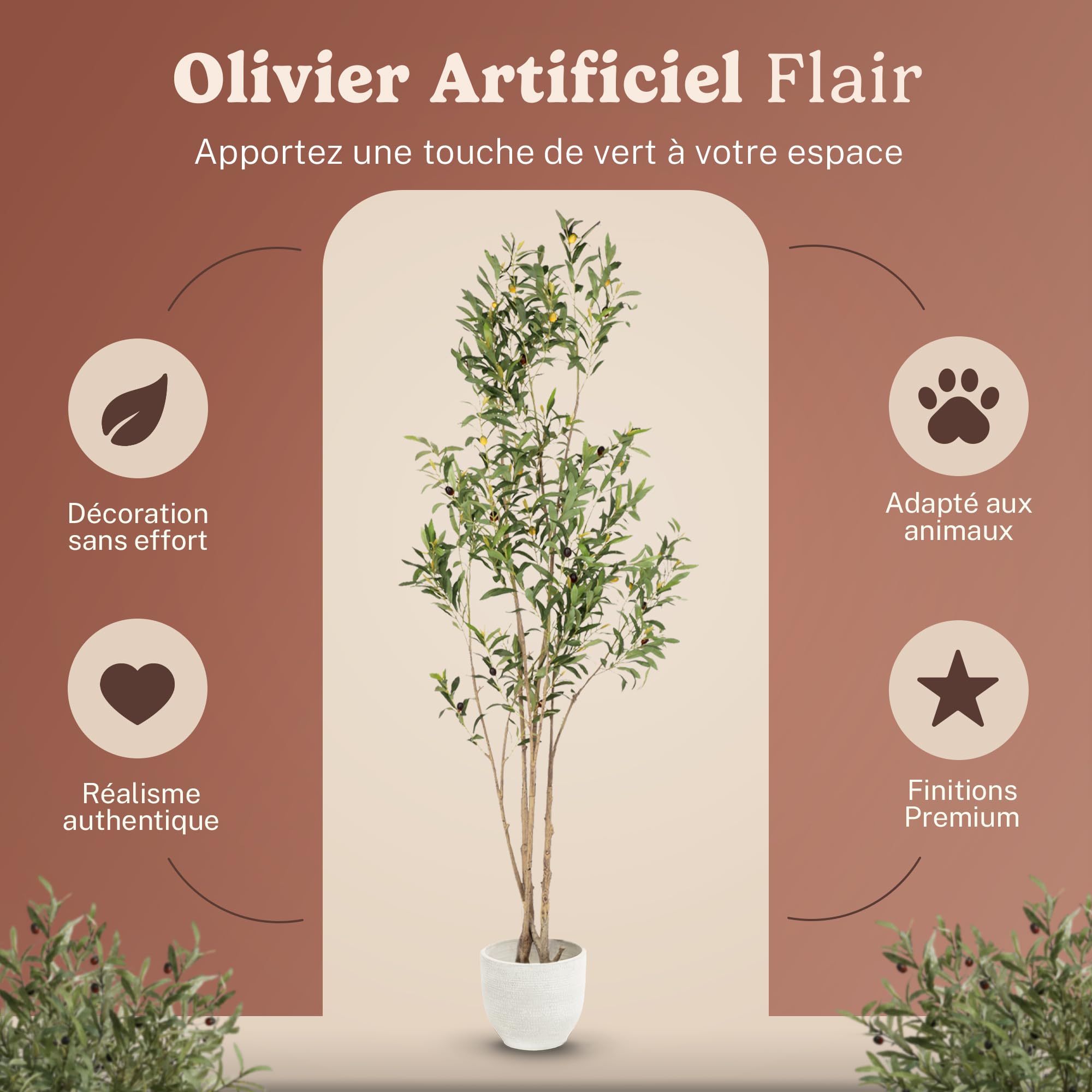 Olivier Artificiel 150 cm Plante Artificielle décorative avec Pot Inclus Style méditerranéen Moderne