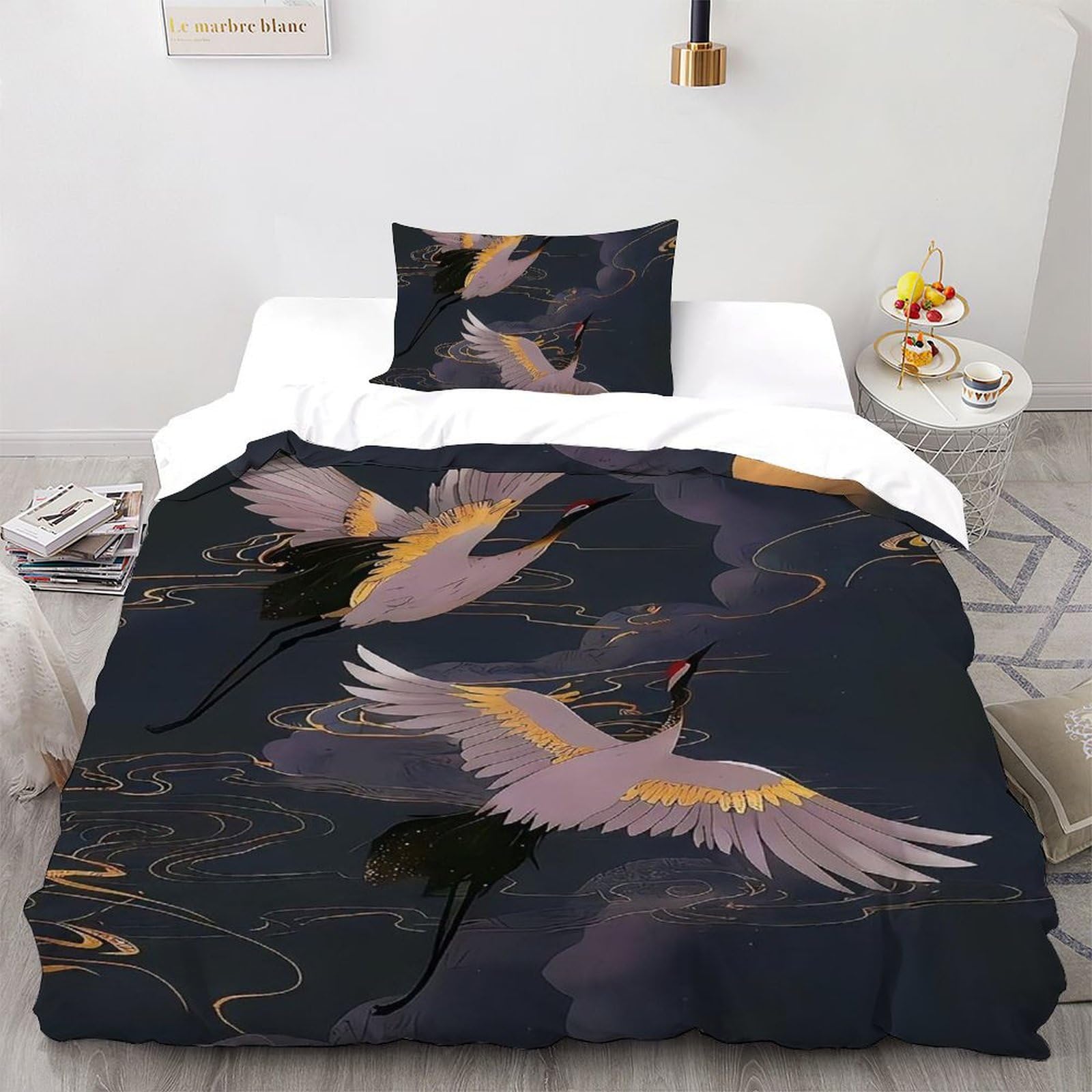 Housse de couette grue blanche en tissu doux pour lit simple enfant