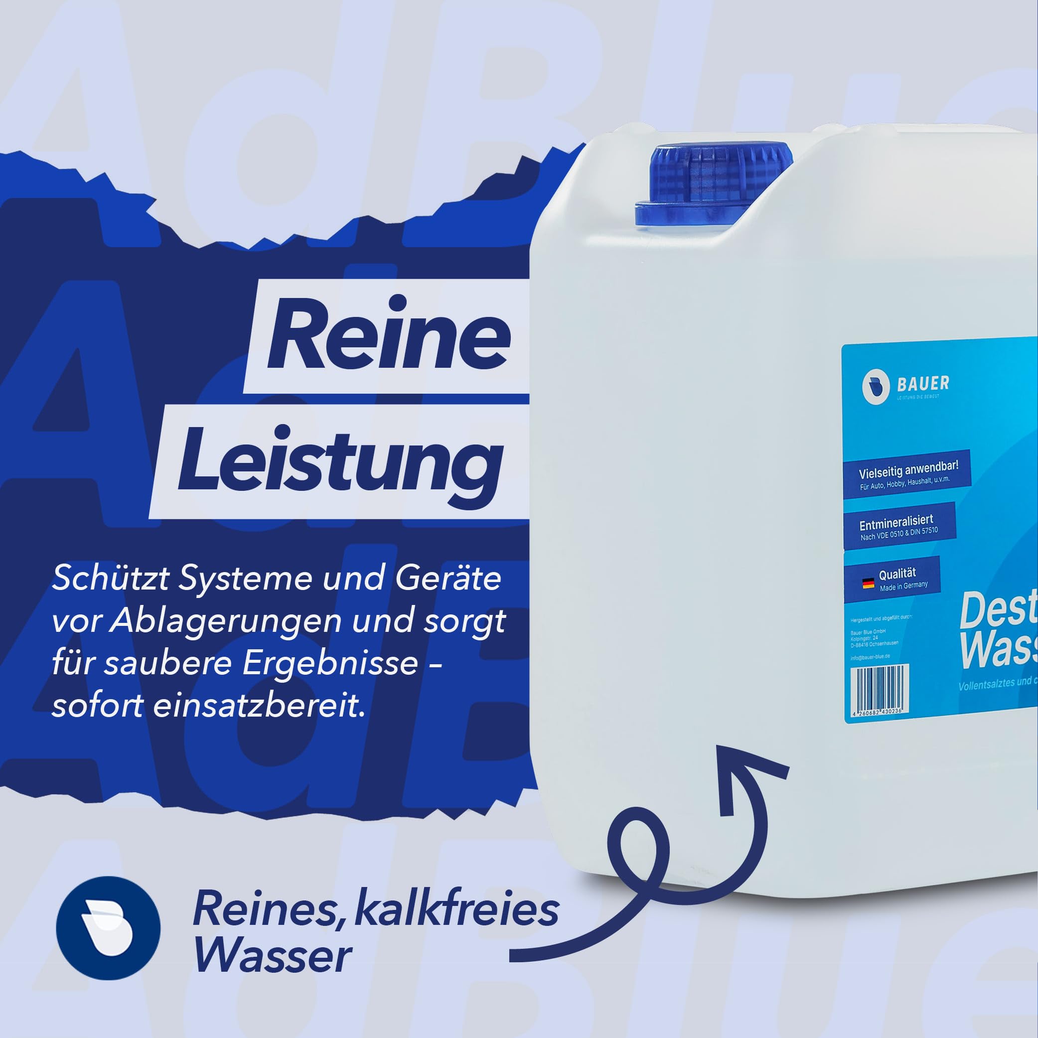 Destilliertes Wasser, Demineralisiert nach VDE 0510 & DIN57510, Ultra-Hochrein für Industrie und Haushalt, Vollentsalzt und Entmineralisiert, Made in Germany, TÜV-Geprüft, [4x5 Liter]