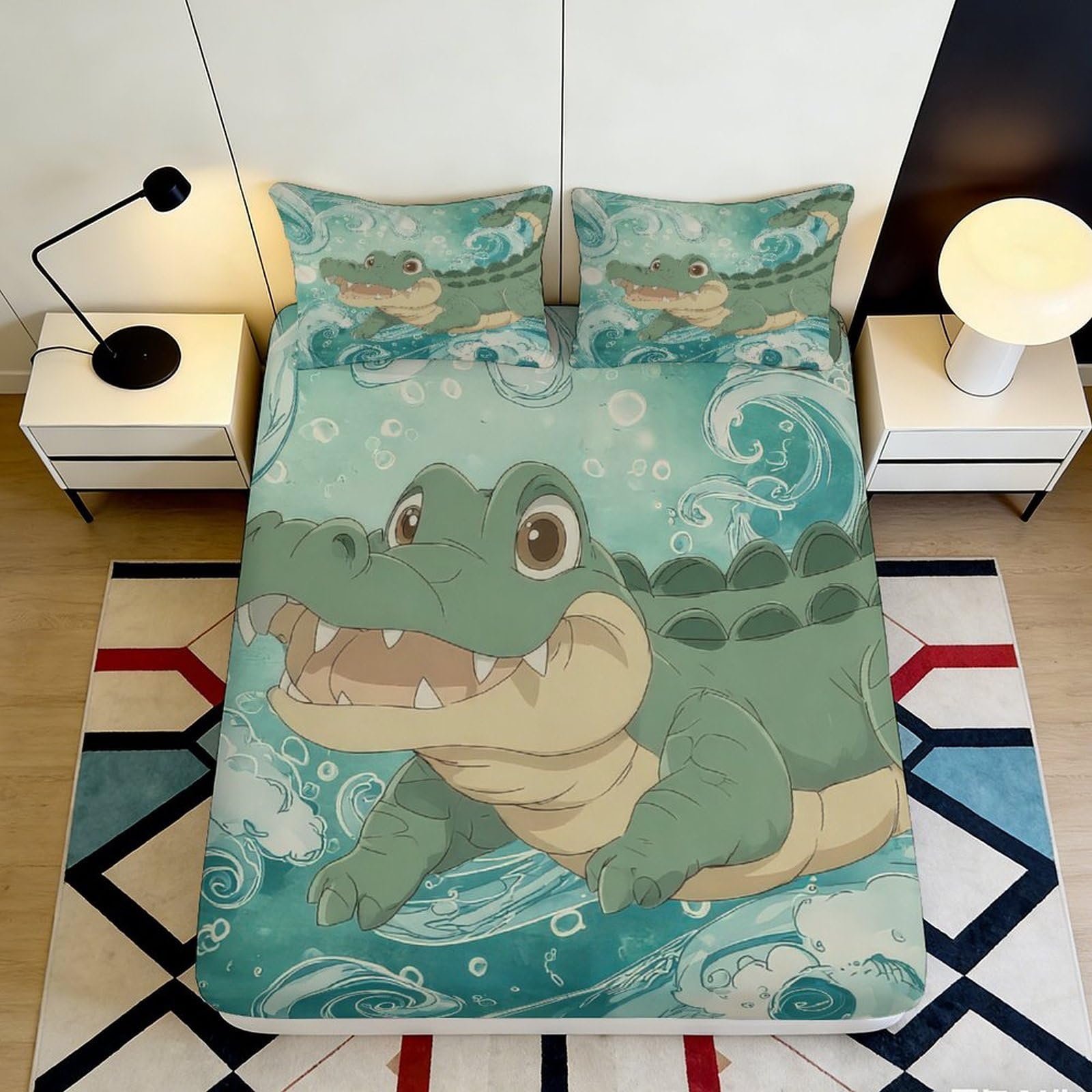 3D Printed Cartoon Crocodile Fitted Sheet Microfiber Soft Durable Blue Bed Cover with 3D Printed Crocodile Mattress Cover for Bedroom Dormitory Guest Room 120x200x25cm