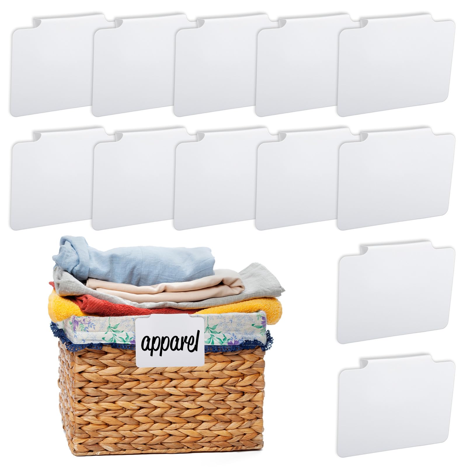 Tyqour 12 Pcs White Basket Labels, 3.5 X 2.7 in Basket Labels Clip On, Removable Erasable Reusable for Storage Bins Organizing Box Kitchen Linen Closet