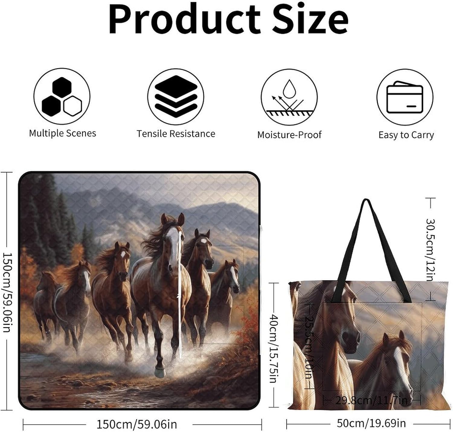 Horses Picnic Blanket with Zipper Water Resistant Sand Free Picnic Mat Washable Foldable Easy Carry Beach Blanket for Lawn Beach Hiking Camping