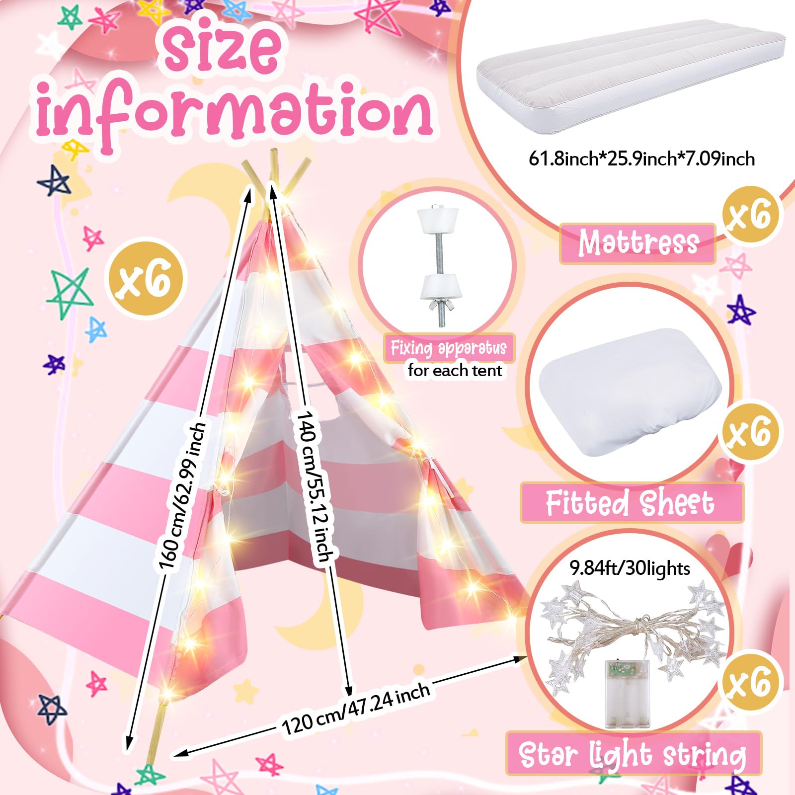 Lemosae 6 Pack Sleepovers Teepee Tent for Kids Bulk with Mattress Sheet Light,Natural Cotton Washable Indoor Play Tent for Birthday Slumber Party Girls Boys Pajama Movie Night Supplies(Pink, White)