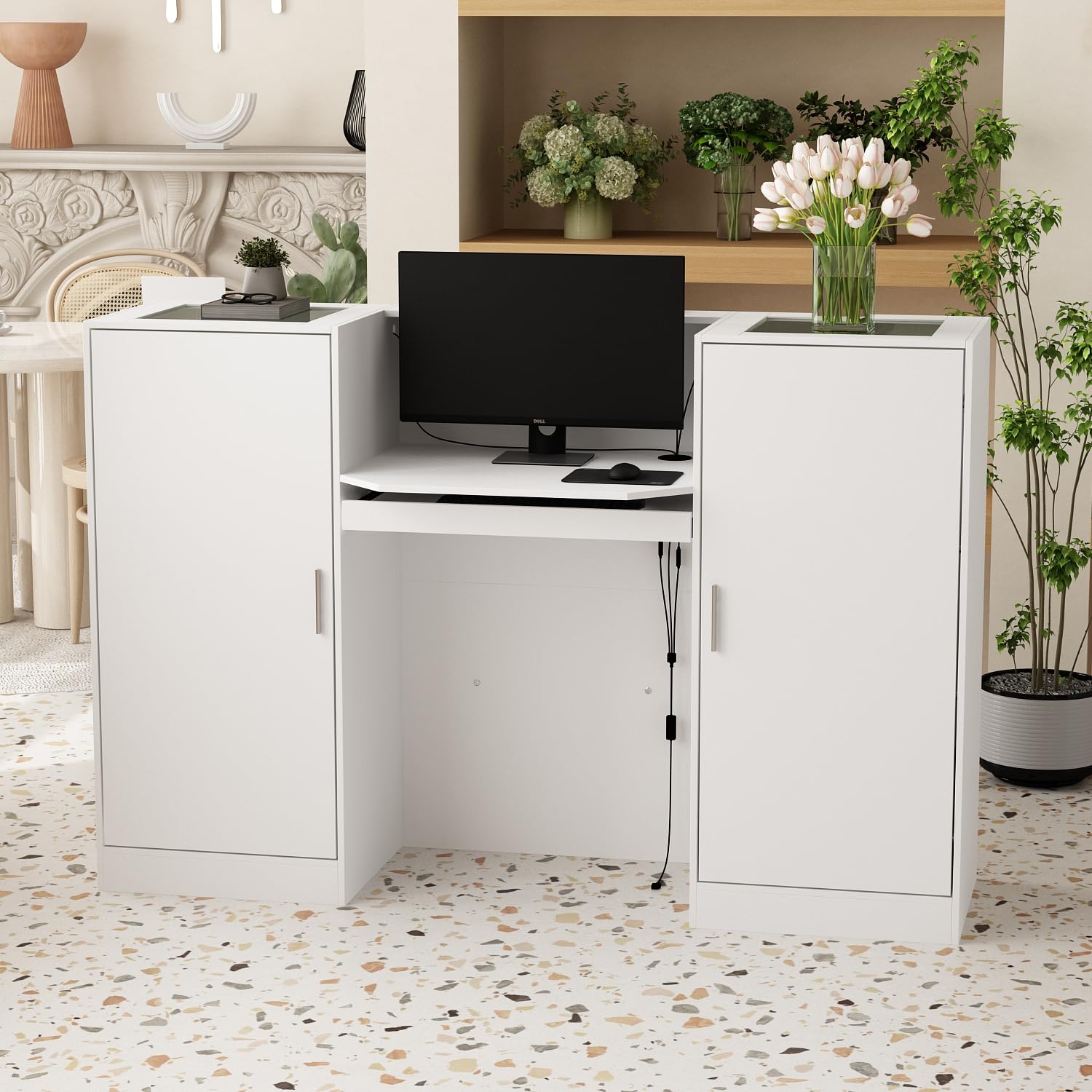 Mesa de recepción blanca con barra de luz, mostrador de recepción, mesa de recepción, mesa de recepción, mesa de recepción con 2 armarios y 1 cajón de teclado, 150 x 52 x 100 cm, color blanco