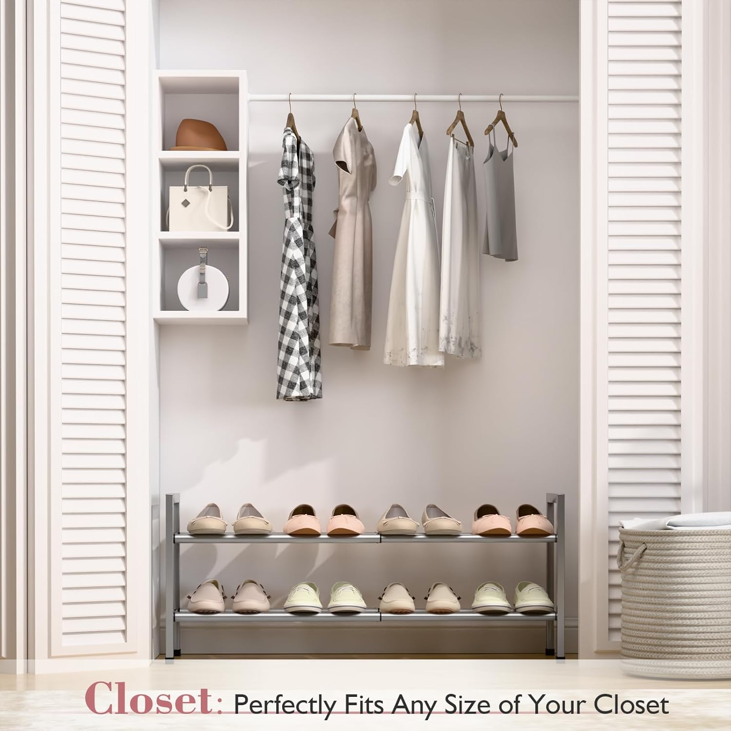bumusty 2 tier expandable shoe rack for closet, 18“-33” adjustable shoe rack for small space, small shoe organizer for front door, sturdy metal, light grey light grey 2-tier