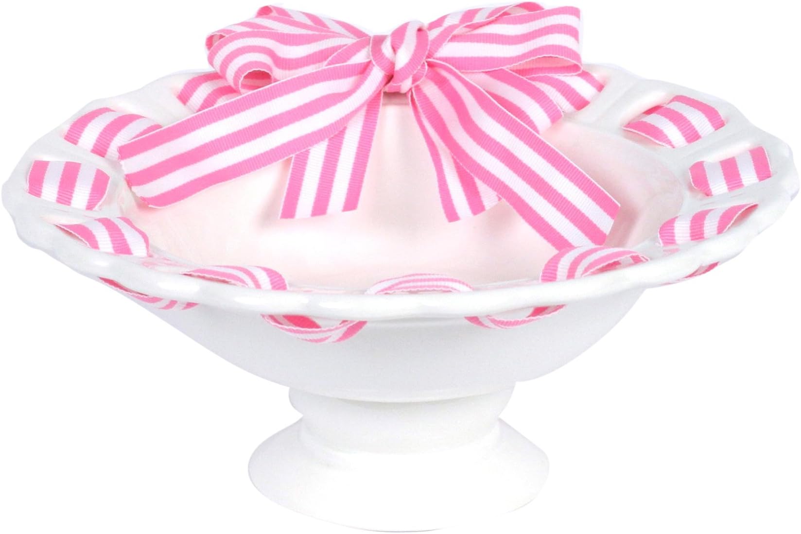Pedestal Fruit Bowl, Candy/Nut Dish with Pink/White Stripe Ribbon, White
