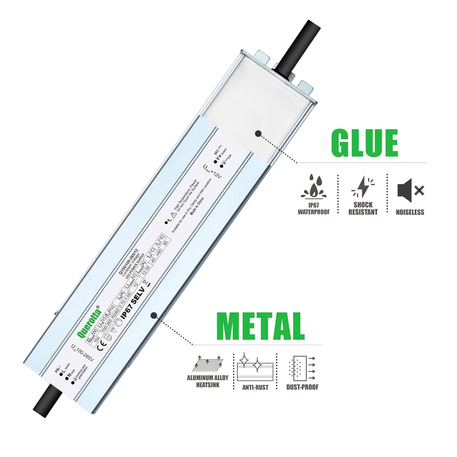 Wide Input 110~265V AC to Output DC 12V 150W Constant Low Voltage IP67 Waterproof Outdoor Indoor LED Power Supply Transformer Driver with Preparation Input Plug for LED Lights