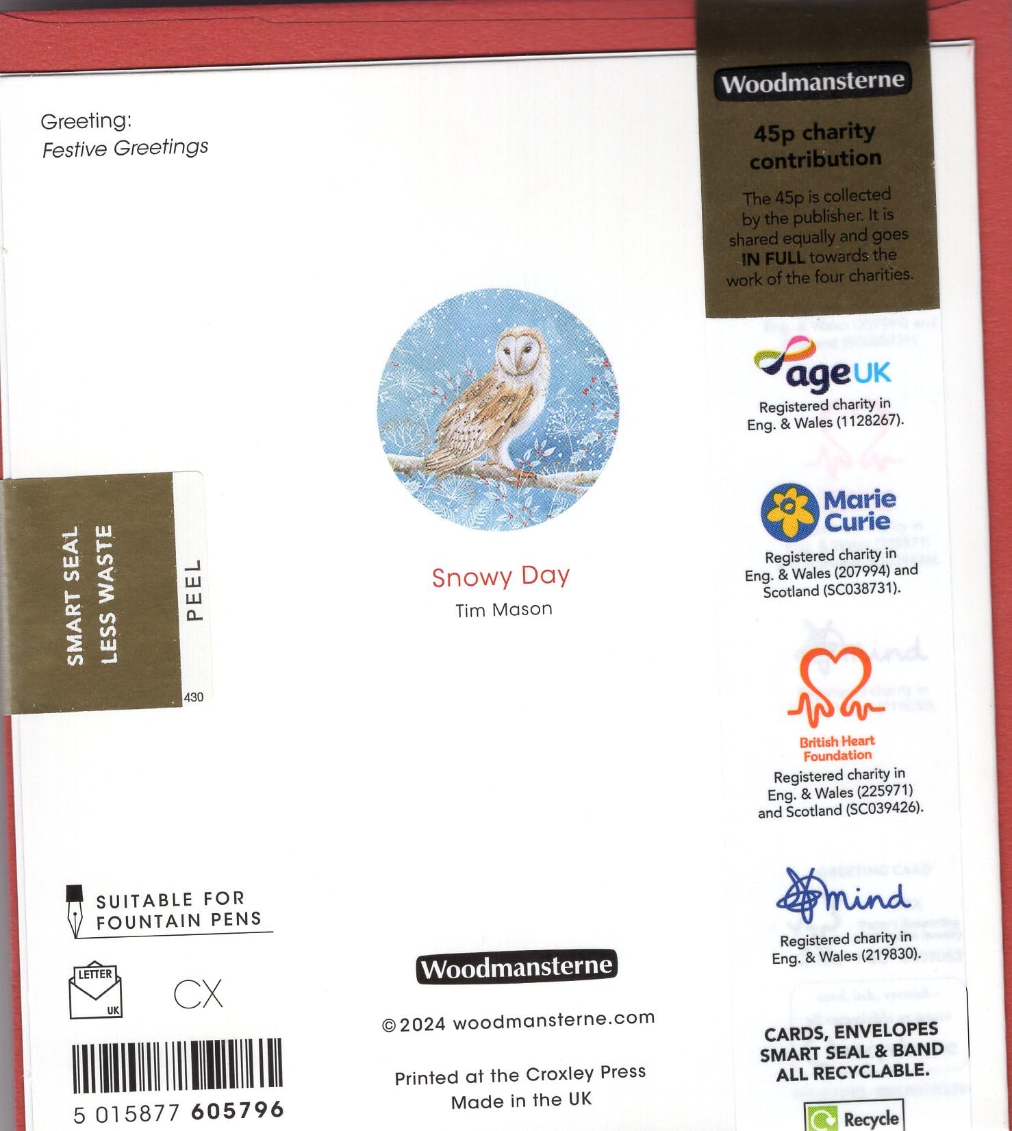Charity Christmas Cards Pack of 5, Age UK, Marie Curie, BHF, Mind, Artistic Festive Design, Owl on Snowy Branch - Image 4