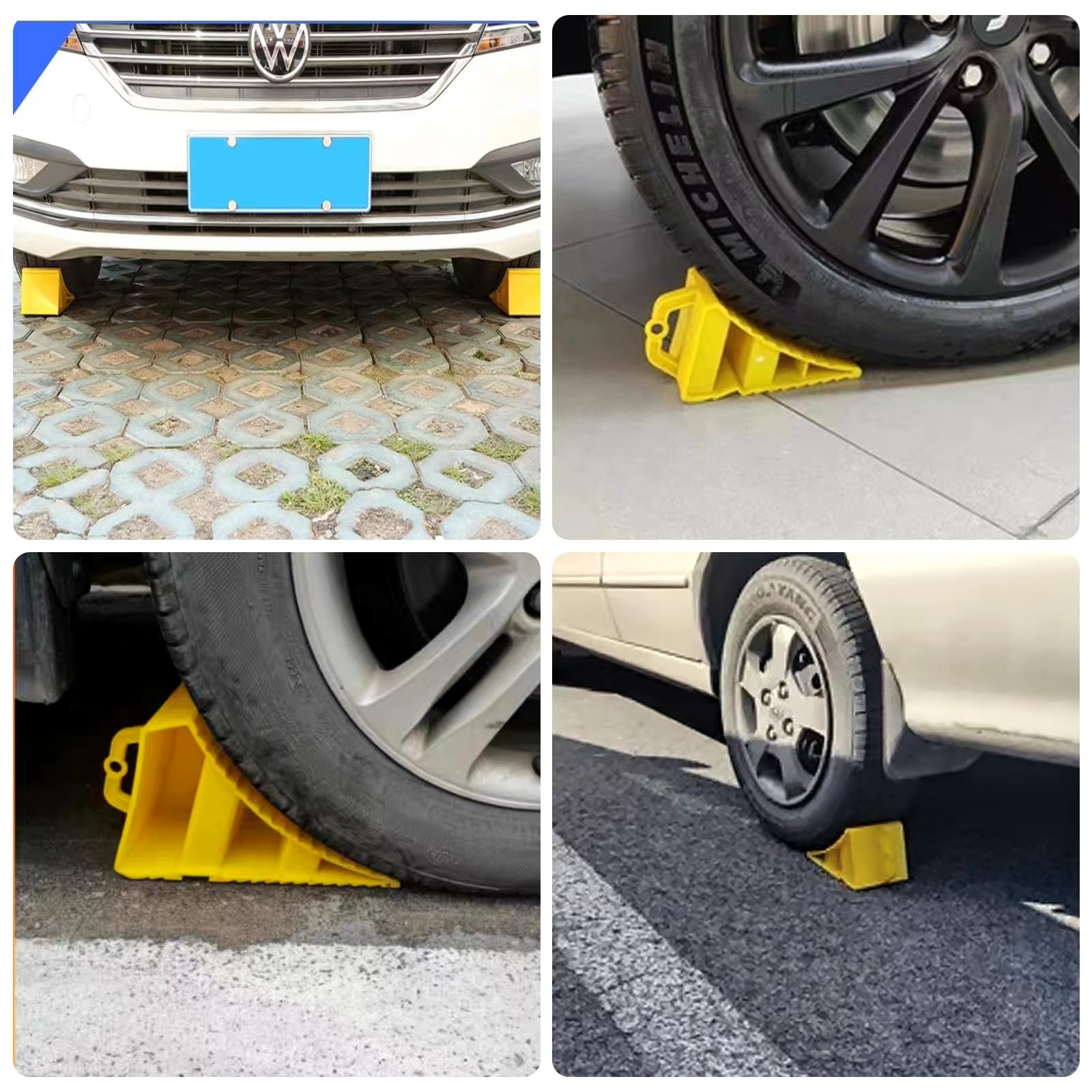 Lot de 4 cales de roue avec poignées, en plastique jaune avec 10 autocollants réfléchissants, cales de roue antidérapantes, en plastique jaune, pour voiture, caravane, camping-car, moto