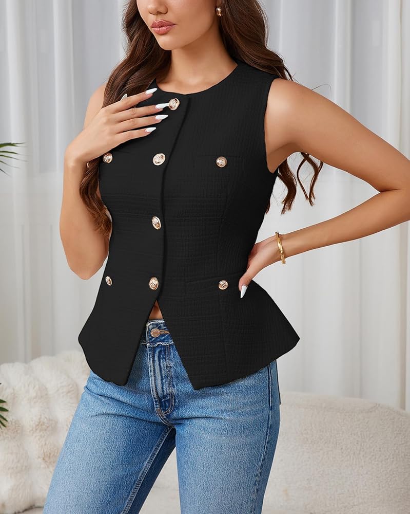 Amazon.com: YEXPINE Women's Tweed Blazer Vest Sleeveless Button