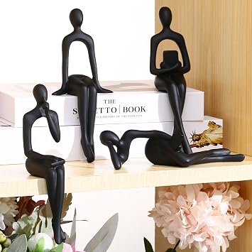 CYYKDA Bookshelf Decor Black Thinker Statue Figurines Set of 4-Decorate Your Home, Office, or Shelf with Abstract Art Sculptures- Deal for Birthday, Christmas, Thanksgiving, Mom Gifts
