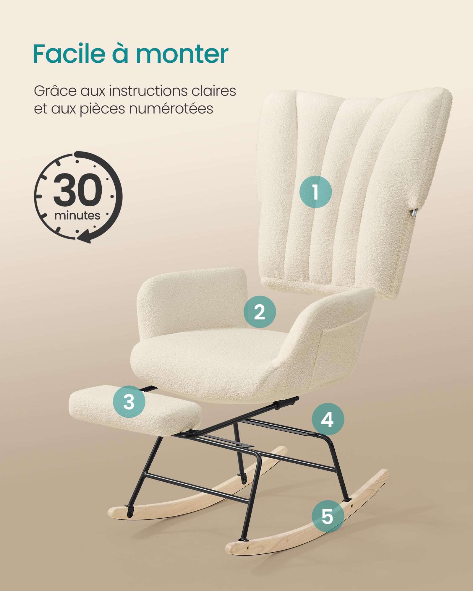 SONGMICS Fauteuil à Bascule, Chaise à Bascule avec Repose-Pieds Escamotable, Coussin Amovible, Poches Latérales, Pieds en Bois, Tissu Peluche, pour Chambre, Salon, Blanc Crème LYY018W101