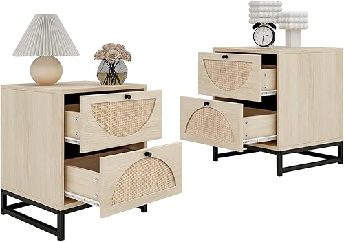 Miniatura 1 de WOENEI Juego de 2 mesitas de noche de ratán con 2 cajones, acento de mesa auxiliar de madera, mesa auxiliar de granja con almacenamiento, mesas de