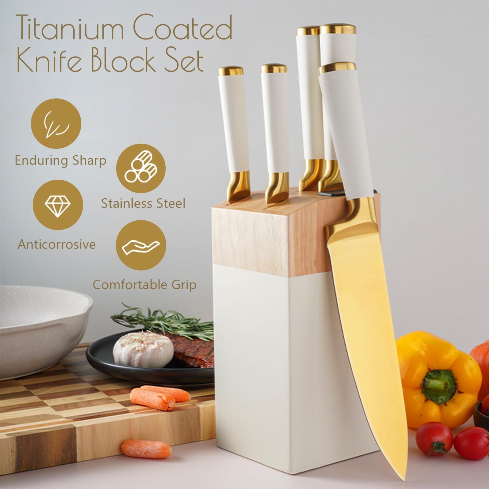 Justup Ensemble de couteaux, ensemble de 6 couteaux revêtus de titane avec bloc en bois rose, ensembles de couteaux de chef en acier inoxydable tranchants pour la cuisine, aiguiseur intégré (Blanc)