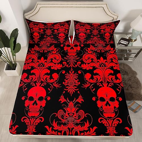 Miniatura 2 de Juego de sábanas de damasco rojo para adultos, sábanas barrocas victorianas antiguas, tamaño Queen, sábanas florales góticas vintage, sábana