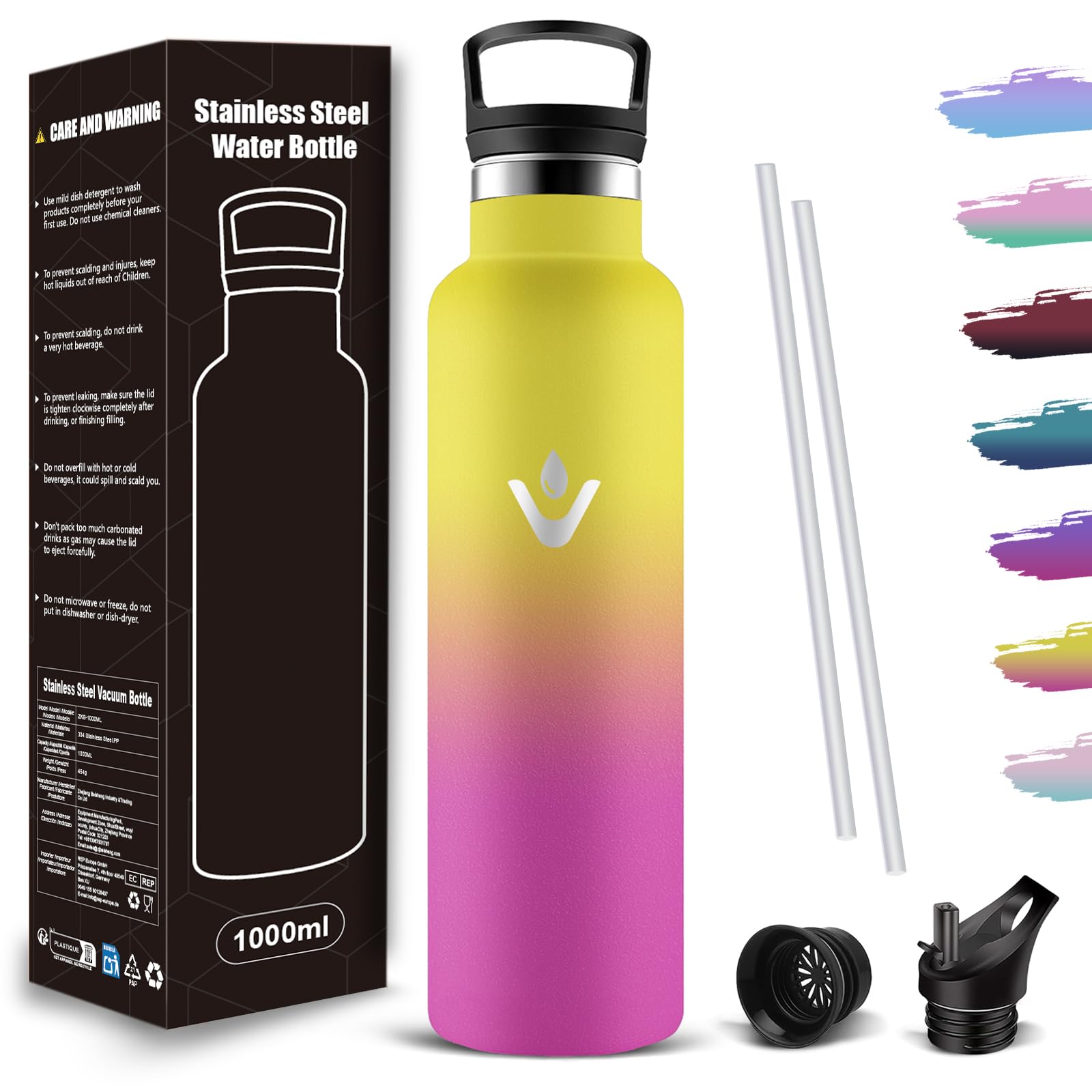 Mujigaga Insulated Water Bottle, 1L Stainless Steel Sports Bottle, BPA Free, Insulated Stainless Steel Water Bottle, Double Insulated, Leakproof Water Bottle with Straw for Sports, Travel, Camping