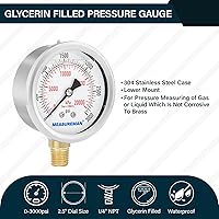 Vista 132 de MEASUREMAN - Manómetro hidráulico relleno de glicerina, totalmente de acero inoxidable, tamaño del dial de 2.5 pulgadas, montaje inferior NPT de 1/4