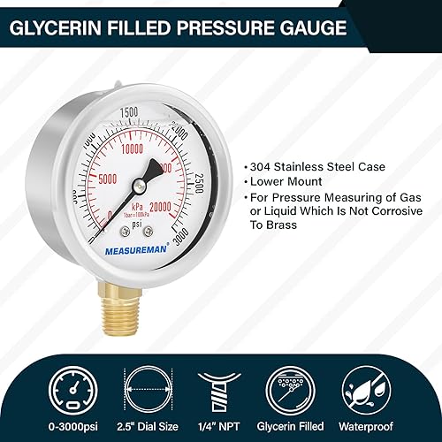 Miniatura 132 de MEASUREMAN - Manómetro relleno de líquido, tamaño del dial de 2.5 pulgadas, 0 a 200 psi/kPa, caja de acero inoxidable 304, montaje inferior NPT