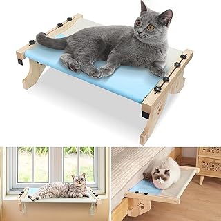 Cat Window Perch, Sturdy Cat Window Hammock with Wood & Metal Frame for Large Cats, Easy to Adjust and Assemble Cat Bed for Windowsill, Bedside, Drawer, Cabinet and Floor